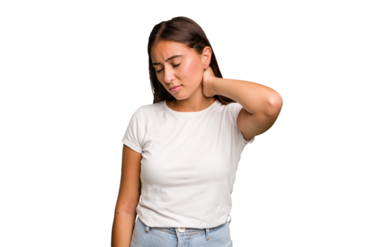 Young cute caucasian woman isolated suffering neck pain due to sedentary lifestyle. - Powered by Adobe