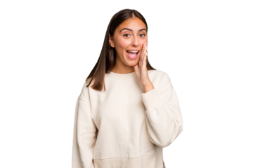 Young cute caucasian woman isolated shouts loud, keeps eyes opened and hands tense.