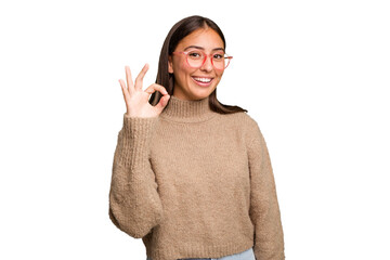 Young cute caucasian woman isolated cheerful and confident showing ok gesture.