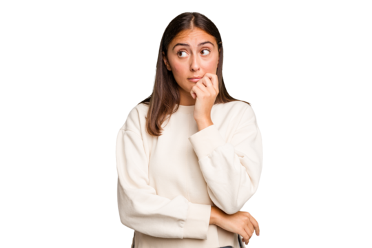 Young cute caucasian woman isolated biting fingernails, nervous and very anxious.