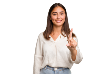 Young cute caucasian woman isolated showing number one with finger.