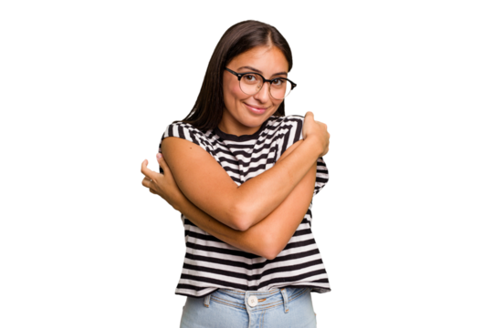 Young cute caucasian woman isolated hugs, smiling carefree and happy.