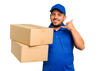 Fototapeta na wymiar Delivery caucasian man isolated showing a mobile phone call gesture with fingers.