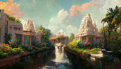 AI generated image of a beautiful Hindu temple complex with a stream and colorful flowers
