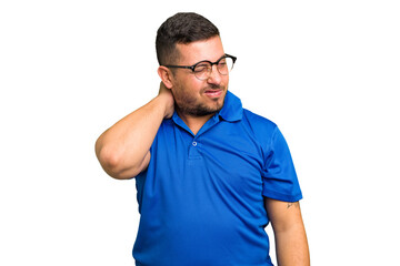 Young caucasian man isolated having a neck pain due to stress, massaging and touching it with hand.