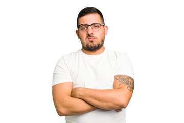 Young caucasian man isolated who is bored, fatigued and need a relax day.