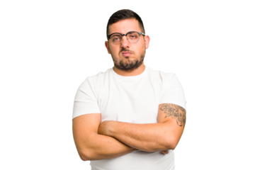 Young caucasian man isolated who is bored, fatigued and need a relax day.