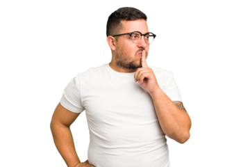 Young caucasian man isolated keeping a secret or asking for silence.