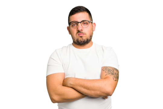 Young caucasian man isolated who is bored, fatigued and need a relax day.