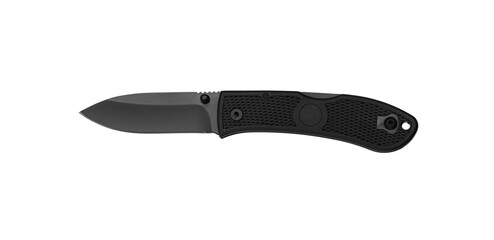 Pocket folding knife isolate on white back. Compact metal sharp knife with a folding blade.