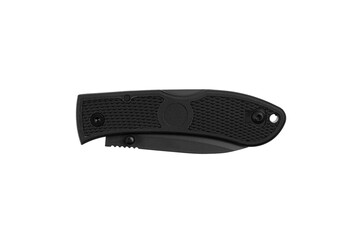 Pocket folding knife isolate on white back. Compact metal sharp knife with a folding blade.