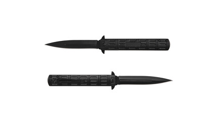 Pocket folding knife isolate on white back. Compact metal sharp knife with a folding blade.