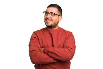 Young caucasian man isolated dreaming of achieving goals and purposes