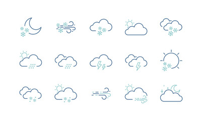 Blue linear weather conditions set of 12 vector icons. Weathers sign and weather forecaster concept icons design. 