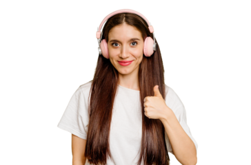 Young caucasian woman wearing headphones isolated smiling and raising thumb up