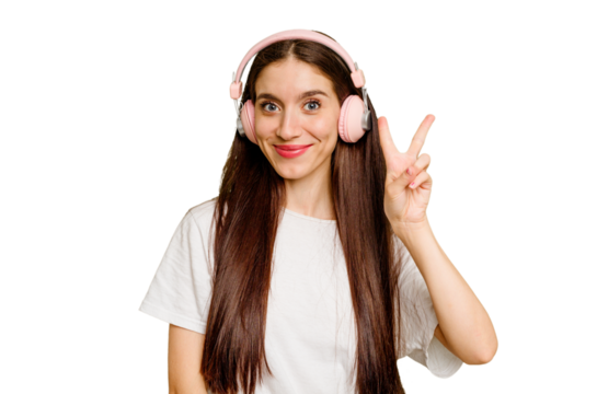 Young caucasian woman wearing headphones isolated showing number two with fingers.