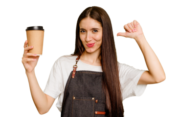 Young barista woman holding a takeaway coffee isolated feels proud and self confident, example to follow.