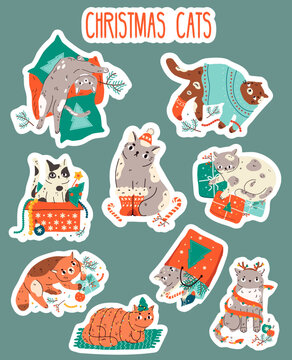Funny Christmas and New Year cats stickers set. Cute cats with garland, giftboxes , sweaters. Collection of naughty pets for winter seasonal celebration and greetings