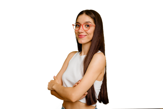 Young caucasian long hair woman isolated who feels confident, crossing arms with determination.