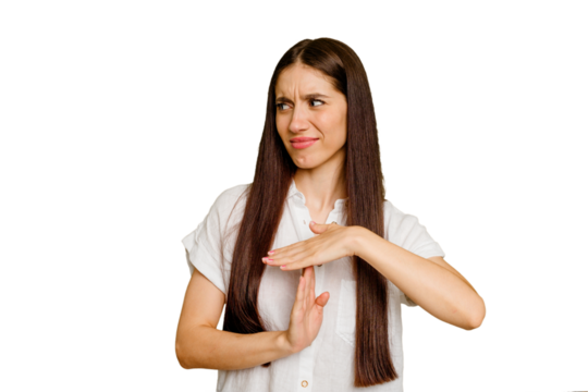 Young caucasian long hair woman isolated showing a timeout gesture.