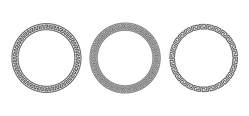 Greek ornament circle frame set. Meander round patterns collection. Ancient Greek fret borders. Geometric meandros motif. Vector