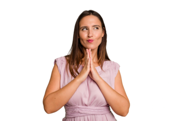 Young caucasian cute woman isolated making up plan in mind, setting up an idea.