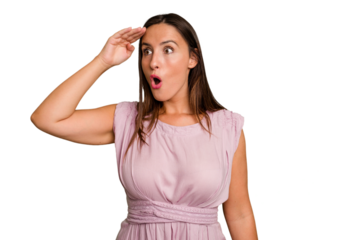 Young caucasian cute woman isolated looking far away keeping hand on forehead.