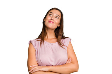 Fototapeta premium Young caucasian cute woman isolated dreaming of achieving goals and purposes