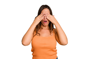 Young caucasian cute woman isolated afraid covering eyes with hands.