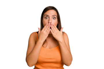 Young caucasian cute woman isolated shocked, covering mouth with hands, anxious to discover something new.