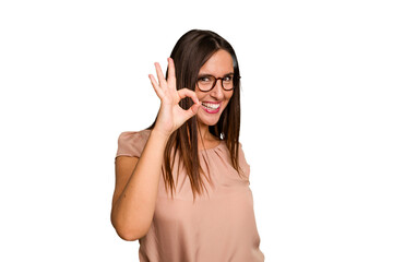 Young caucasian cute woman isolated cheerful and confident showing ok gesture.