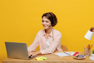 Employee happy fun operator business woman in set microphone headset for helpline assistance wear...
