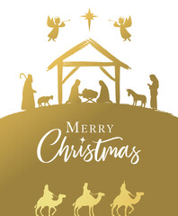 Merry Christmas golden Nativity scene with Holy family and calligraphy. Mary, Joseph, baby Jesus, shepherds and  wise mans in silhouette with angels and Bethlehem star. Vector illustration