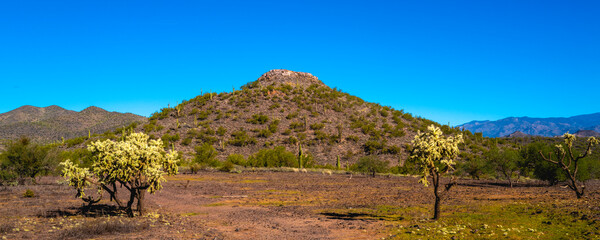 Indian Mountain and desert autumn arid landscape near Anthem, north of Phoenix, Arizona, with...
