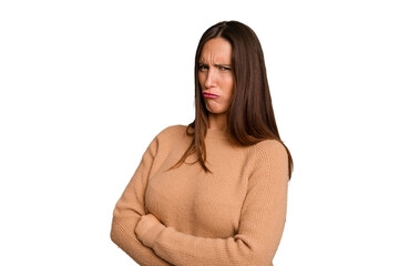 Young caucasian cute woman isolated frowning face in displeasure, keeps arms folded.