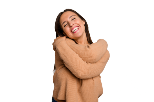 Young caucasian cute woman isolated hugs, smiling carefree and happy.