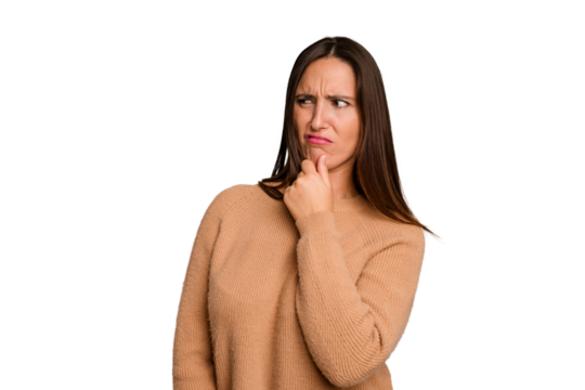 Young caucasian cute woman isolated suffers pain in throat due a virus or infection.