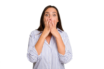 Young caucasian cute woman isolated shocked, covering mouth with hands, anxious to discover something new.