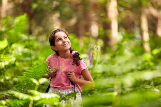 Smiling Girl Walking In Summer Woodland Surrounded By Ferns Wearing Backpack