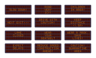 Information board, digital variable road sign set. Changeable electronic traffic dynamic message board, CMS, DMS, highway matrix display advising travelers information. Vector flat style illustration