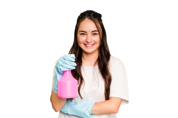 Young cleaner caucasian woman isolated on green chroma background laughing and having fun.