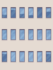 Glass blue windows of facade in modern city. Domestic living, education and recreation residential building texture, urban planning and functional architecture. Vector illustration