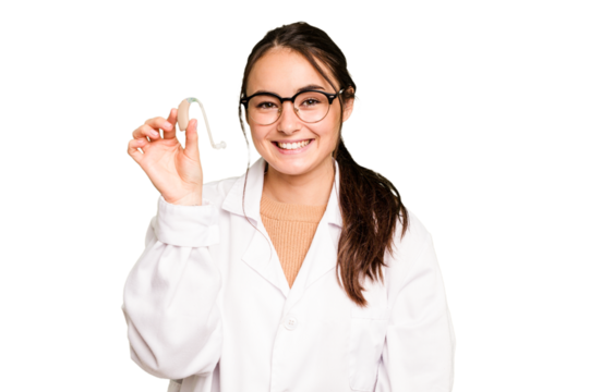 Young otorhinolaryngologist holding hearing aid isolated on green chroma background happy, smiling and cheerful.