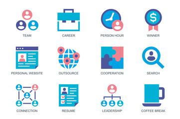 Business People concept of web icons set in simple flat design. Pack of team, career, person hour, winner, outsource, cooperation, resume, leadership, connection. Vector pictograms for mobile app