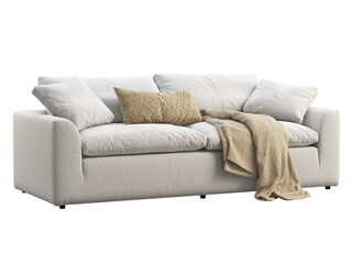 Modern three-seat white fabric upholstery sofa with pillows and plaid. 3d render.