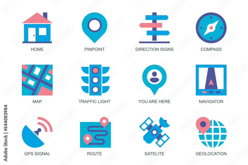 Aufkleber navigation concept of web icons set in simple flat design. pack of home, pinpoint, direction signs, 