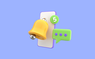 Fototapeta premium Smartphone message with notification bell ring app concept. Big yellow bell with message counter on purple background. 3d rendering