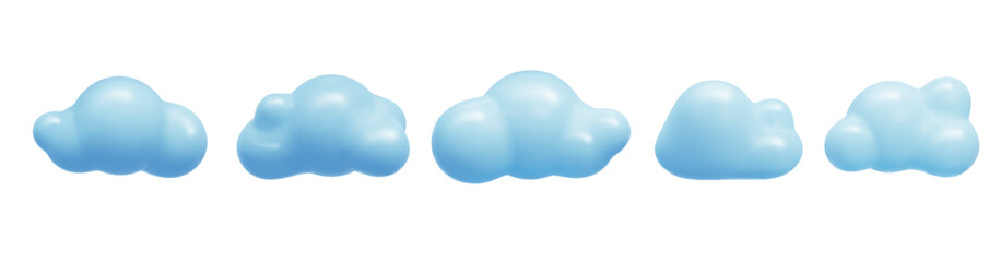 Blue pastel 3d realistic clouds set isolated white background. Render soft round 3d realistick vector.