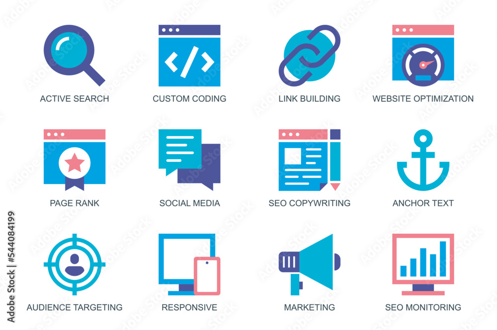 Poster seo concept of web icons set in simple flat design. pack of active search, custom coding, link build