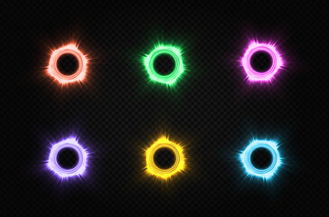 Set of glowing circles. An elegant illuminated rings of light on a dark background. Round frame, shiny borders with glitter or fairy dust.